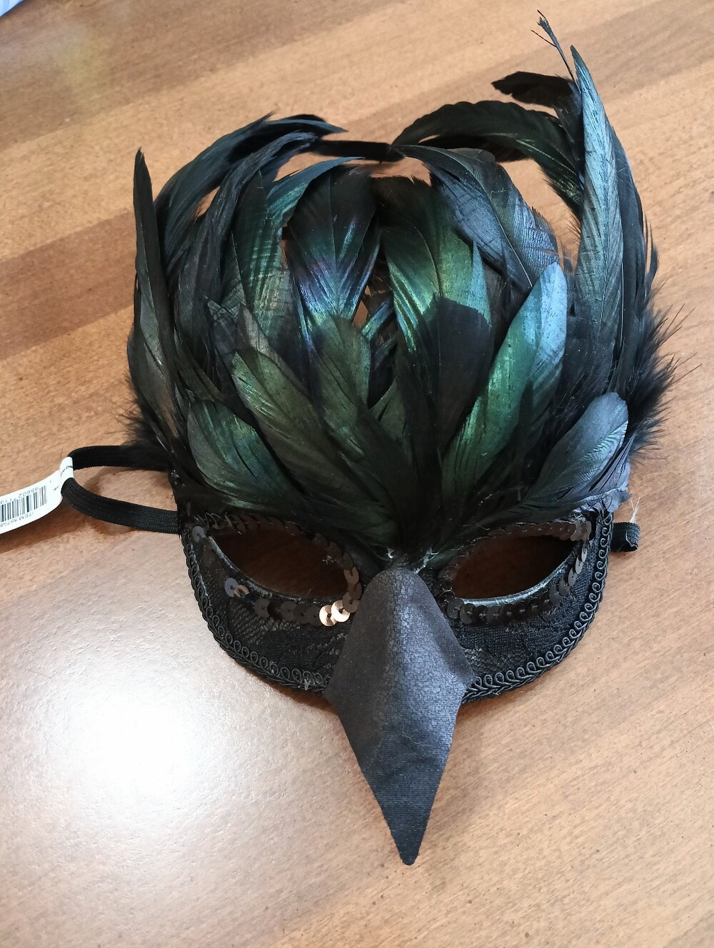 NWT Halloween/Mardi Gras Black & Iridescent Green Feathered Adult Bird Mask